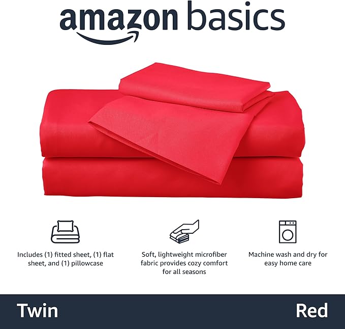 Amazon Basics Kid's Soft, Breathable, Machine Washable Microfiber 3-Piece Sheet Set with Pillowcase, Twin, Red, Solid
