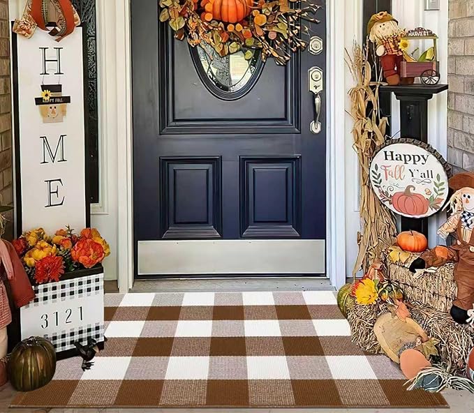 Fall Outdoor Rug 2'x3',Coffee and White Checkered Area Rug Halloween Cotton Washable Layered Doormat for Hello Welcome Front Porch Door Mats Bedroom Living Room