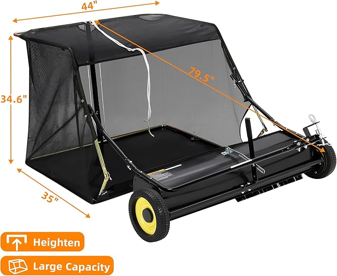 Garvee 44 in Lawn Sweeper Tow Behind with 25 cu.ft. Large Pull Behind Grass Collector, Heavy Duty Leaf Collector with Dumping Rope Design, Adjustable Sweeping Height for Picking Up Debris