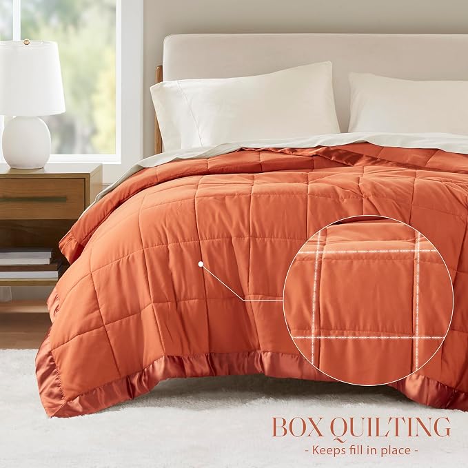 Madison Park Down Alternative Queen Blanket for Bed, Satin Trim, Orange | Lightweight Windom Blanket Full Size Premium 3M Scotchgard Moisture Wicking Treatment, OEKO TEX, Soft Bed Cover, All Season