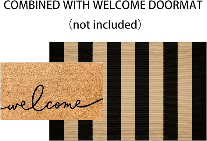 Striped Layering Rug 27.5"x43",Black and Tan Farmhouse Front Porch Mat Cotton Woven Washable Entryway Rug Indoor Outdoor Front Door Mat for Porch/Entryway/Home Entrance Decor