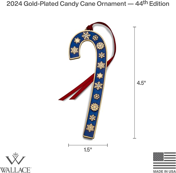 Wallace 2024 Gold-Plated Enamel Candy Cane Ornament 44th Edition - Blue with Gold Snowflakes - Limited Edition Collectible Christmas Tree Ornament with Gift Box