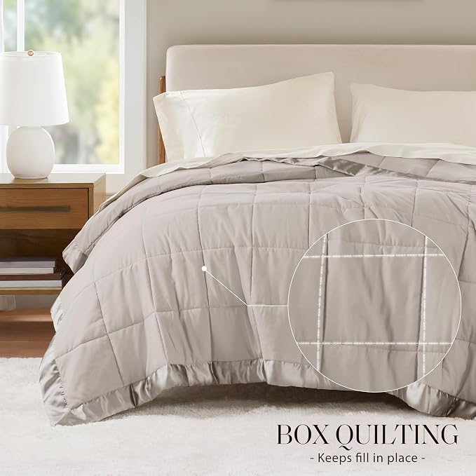 Madison Park Windom Down Alternative Blanket, Premium 3M Scotchgard Moisture Wicking Treatment, Lightweight and Soft Bed Cover For All Season, Satin Trim, Grey Full/Queen | Lightweight Windom Blanket Full Size Premium 3M Scotchgard Moisture Wicking Tre...