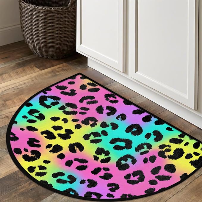 Leopard Half Round Door Mat Semi Circle Rug Half Moon Doormat | Soft Washable Neon Psychedelic Welcome Entrance Mat for Outdoor Indoor Floor Bedroom Bathroom Home Kitchen Festival Decor