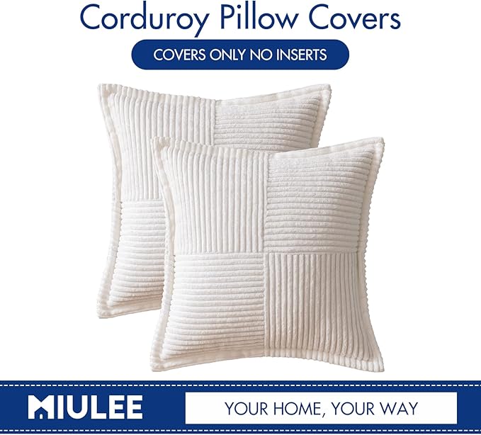 MIULEE Decorative Throw Pillow Covers for Couch Bed Livingroom 20x20 Inch Set of 2 White Boho Accent Throw Pllows Broadside Striped Patchwork Soft Corduroy Pillowcases
