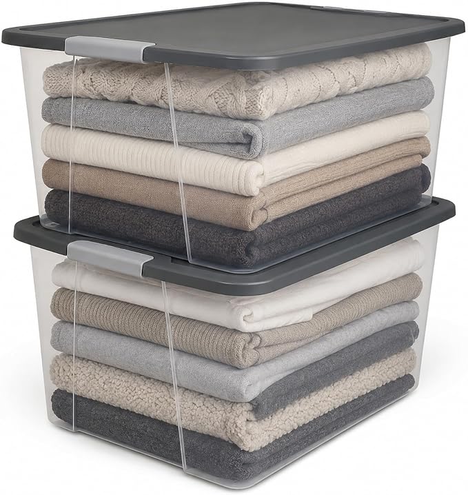 HOMZ Clear Plastic Storage Bin with Secure Latching Gray Lid, 64 Qt, 2 Pack | Heavy-Duty Stackable Containers, Large Organizer Box for Homes, Offices, and Garages