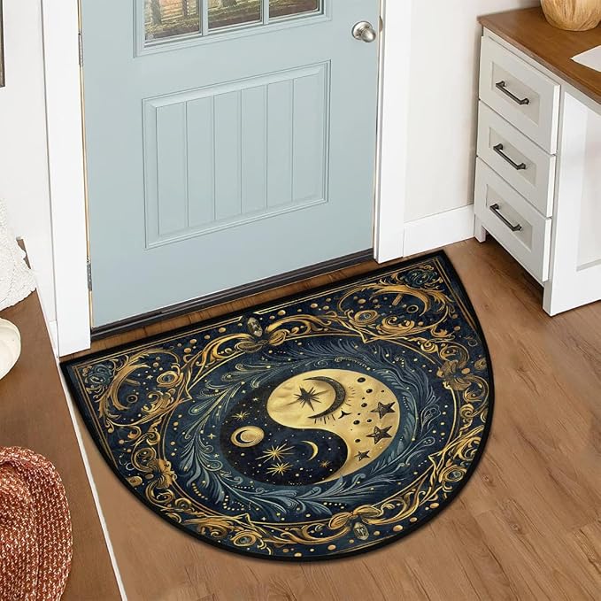 Ethnic Yin Yang Half Round Door Mat Non-Slip Semi Circle Rug Washable Half Moon Floor Rug Absorbent Bathroom Area Rugs for Outdoor Indoor Fireplace Mat Entryway Kitchen Decor Rugs