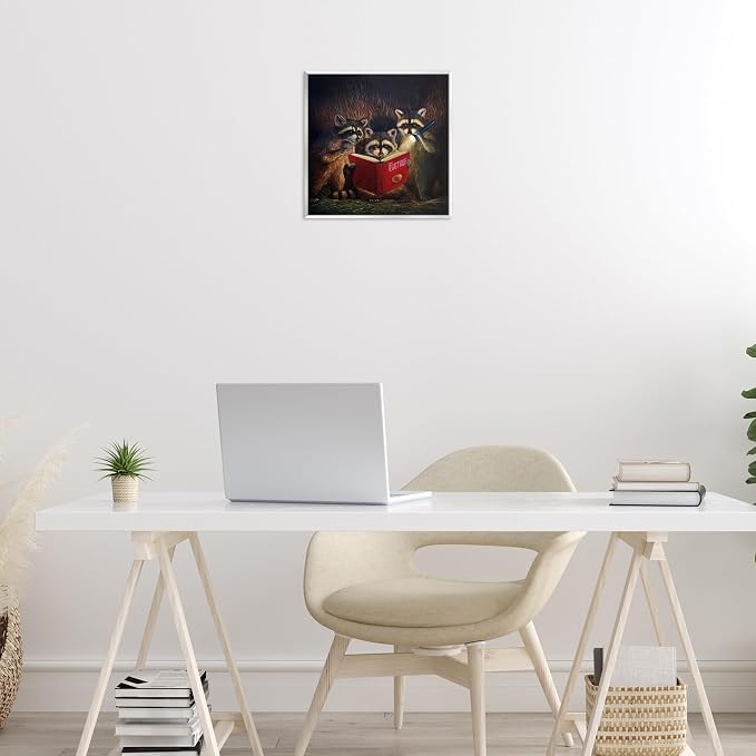 Fun Raccoon Trio Reading Book, 12 x 12 Inch Mounted Print on Wall Plaque | Stupell Industries · By Lucia Heffernan · Ready to hang · Whimsical gift for animal lovers · Made in USA