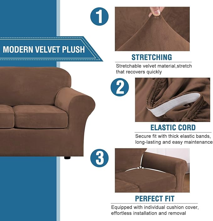 H.VERSAILTEX Modern Velvet Plush 4 Piece High Stretch Sofa Slipcover Sofa Cover Furniture Protector Form Fit Luxury Velvet Sofa Cover for 3 Cushion Couch Width Up to 90 Inch (Sofa, Caramel Cafe)