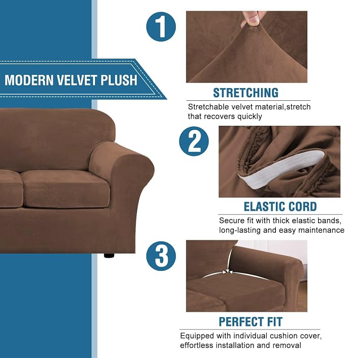 H.VERSAILTEX Real Velvet Plush 3 Piece Stretch Sofa Covers Couch Covers for 2 Cushion Couch Sofa Slipcovers Width Up to 90 Inch Thick Soft Stay in Place (Large Sofa, Caramel Cafe)
