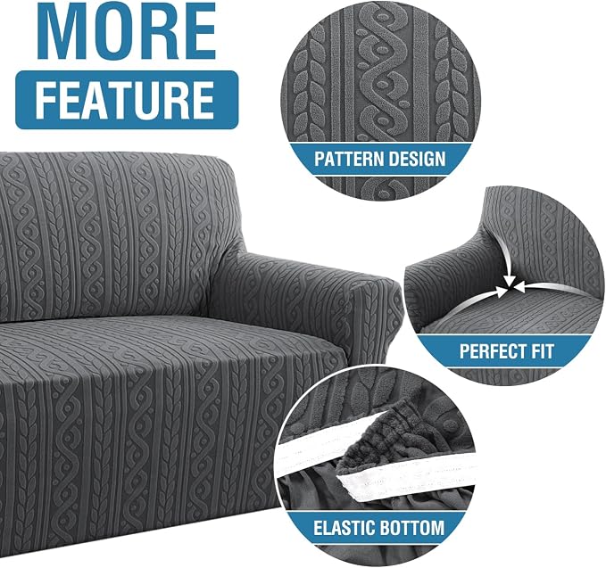 H.VERSAILTEX Couch Cover 1 Piece Stretch Sofa Covers Washable Furniture Covers Anti-Slip Soft Dogs Slipcovers Washable Upgrade Thick Jacquard Fabric with Spiral Pattern(58"-70", Grey)