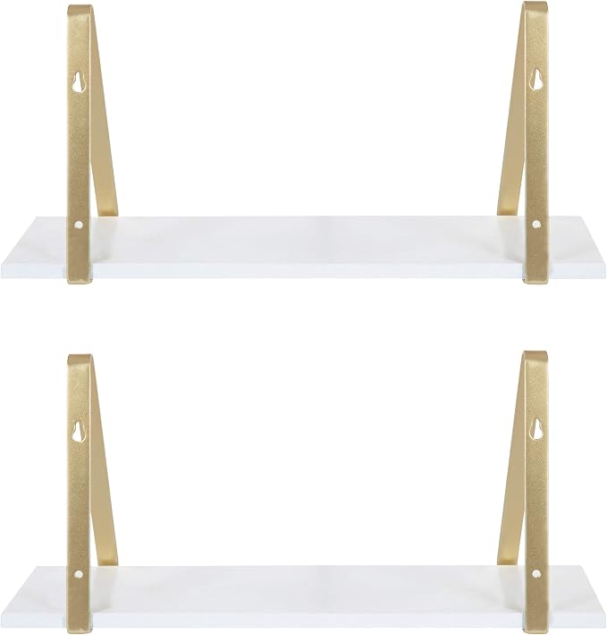 Kate and Laurel Soloman Modern Wooden Shelves, 18 inch, Set of 2, White and Gold, Contemporary Glam Wall Storage and Home Decor