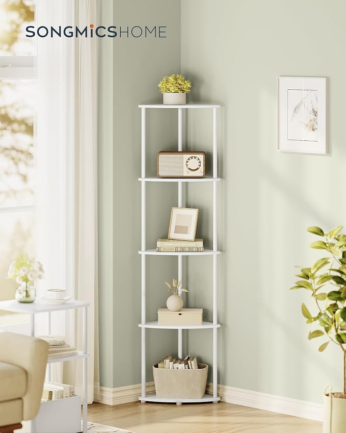 SONGMICS HOME Superfast Toolless Assembly, Corner Shelf Stand, 5-Tier Corner Standing Shelf, Living Room, Bedroom, Kitchen, 15 x 10.6 x 54.7 Inches, Snow White ULBC610W01