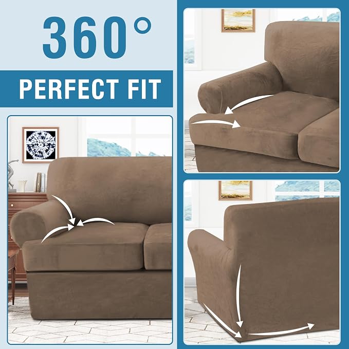 H.VERSAILTEX Sofa Cover 3 Piece T Cushion Sofa Slipcovers Thick Velvet Couch Cover Stretch T Cushion Sofa Covers for 2 Cushion Couch with 2 Individual T Cushion Covers, Mocha