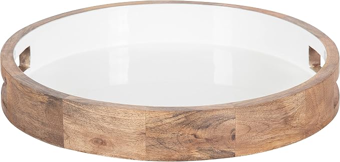 Kate and Laurel Ehrens Boho Wood Tray, 15 Inch Diameter, Natural and White, Round Accent Tray for Transitional Decor