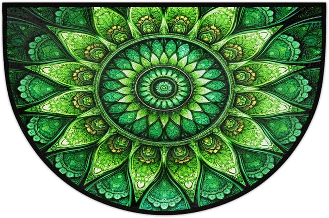 Mandala Half Round Rug Half Moon Door Mat Half Circle Rugs | Green Ethnic Washable Non-Slip Semi Circle Rug Welcome Half Round Door Mat Indoor Entrance Bedroom Living Room Decor B476