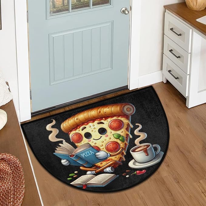 Pizza Funny Half Round Door Mat Non-Slip Semi Circle Rug Washable Half Moon Floor Rug Absorbent Bathroom Area Rugs for Outdoor Indoor Fireplace Mat Entryway Kitchen Decor Rugs
