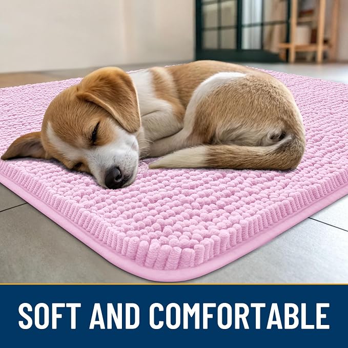 Smiry Dog Door Mat for Muddy Paws 40x24, Absorbent Dirt Trapper, Non-Slip Washable Chenille Entryway Rug for Inside Floor, Pink, Classic Solid