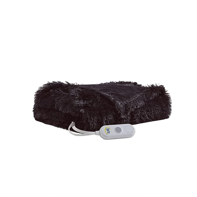 Serta Mila Shaggy Heated Throw Blanket - Soft Faux Fur Heated Blanket, Fast Heating, Auto Shut Off Timer, Low EMF, 5 Heat Setting, ETL Certified, Machine Washable Electric Blanket, Black 50"x60"