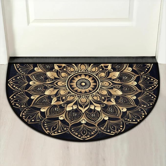 Half Round Doormat Mandala Ethnic Florals Non Slip Half Circle Area Rugs Indoor Washable Half Moon Rug Semi Circle Bathroom Runner Mat Entrance Floor Carpet for Kithen Bedroom Fireplace Decor