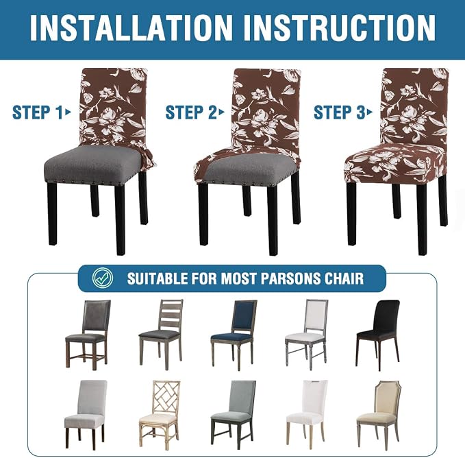 H.VERSAILTEX Stretch Dining Chair Covers Set of 6 Chair Covers for Dining Room Parsons Chair Slipcover Chair Protectors Covers Dining, Feature Modern Floral Printed Design, Chocolate