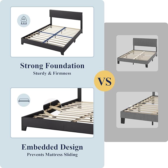 Allewie Queen Size Faux Leather Bed Frame, Adjustable Headboard, Black | Platform Bed with Heavy Duty Mattress Foundation, Noise-Free, Easy Assembly, Wood Slat Support, No Box Spring Needed