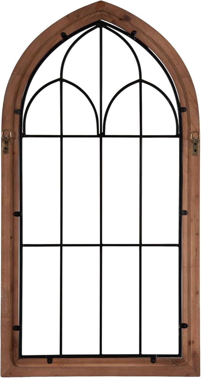 Kate and Laurel Rennell Farmhouse Arched Wall Art Plaque; 19 x 36; Walnut Brown and Black; Wood and Metal Windowpane Wall Decor for Use as Fireplace Mantel Decor or Entryway Wall Accent