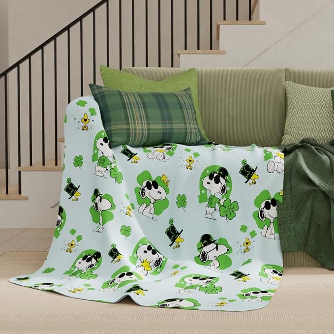 Peanuts® Snoopy Cozy Throw 46 in x 60 in, Soft Cozy Plush for Couch, Bed & Travel, Snoopy Joe Cool St. Patrick’s Day Design (Officially Licensed Product), Franco Collectibles®