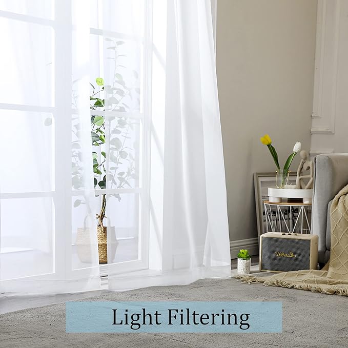 OWENIE Sheer White Curtains, Sheer Curtains 63 inch Length 2 Panels Set, Rod Pocket Voile Fimly Sheer Drapes for Living Room/Bedroom, 2pcs, Each 59" W x 63" L
