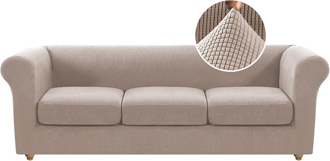H.VERSAILTEX 4 Piece Stretch Chesterfield Sofa Slipcovers Mid Century Deep Seat Sofa Covers Washable (Base Cover Plus 3 Seat Cushion Covers) Thicker Jacquard Fabric (Large Sofa, Sand)