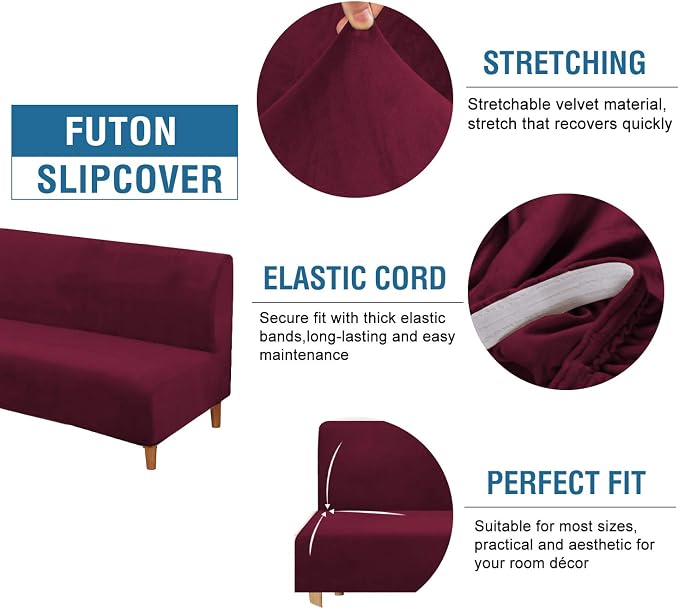 H.VERSAILTEX Real Velvet Futon Cover Armless Sofa Covers Sofa Bed Covers Stretch Futon Couch Cover Sofa Slipcover Furniture Protector Thick Soft Velvet Fabric Form Fitted Stay in Place, Wine/Burgundy