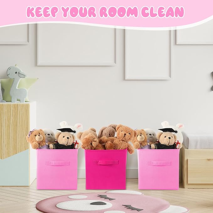 Yinder 12 Pcs Cube Storage Bin Pink 10.5''x10.5''x11'' Storage Bins for Playroom Decor Colorful Bins for Kids Foldable Baskets for Nursery Organizer Boxes Fabric Boxes