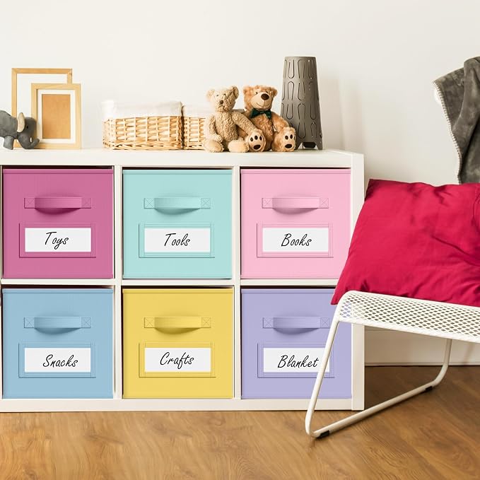 Teenyyou 10 Pack Fabric Storage Cubes 11 Inch Collapsible Cube Bins with Label Window & Handle Foldable Organizers Baskets for Shelf Closet Nursery Kids Room Clothes Book Toy(Macaroon)