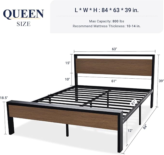 Allewie Queen Size Bed Frame, Heavy Duty 12 Metal Slats Support, Walnut | Wooden Headboard and Footboard, Modern Platform Bed, No Box Spring Needed, Under-Bed Storage, Noise Free, Easy Assembly