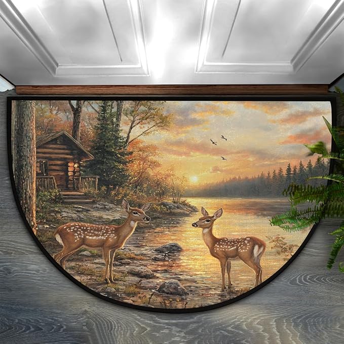 Deer Lake Half Round Door Mat Semi Moon Rug Fireplace Carpet Area Rugs | Beautiful Deer Lake Non Slip Absorbent Half Circle Mat Carpet for Indoor Outdoor Patio Kitchen Bathroom Entryway Home Decor