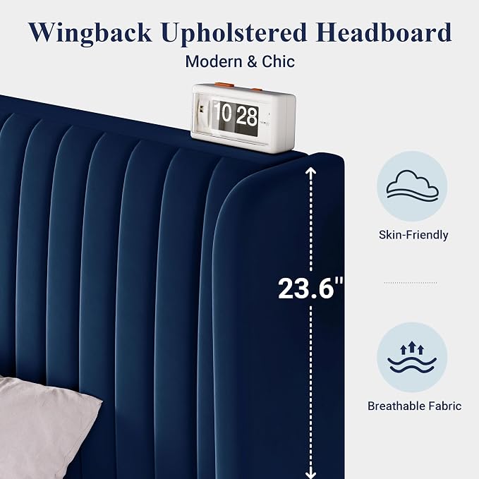 Allewie King Size Velvet Bed Frame/Vertical Channel Tufted Wingback Headboard/Upholstered Platform Bed/Strong Wooden Slats/No Box Spring Needed/Easy Assembly/Blue