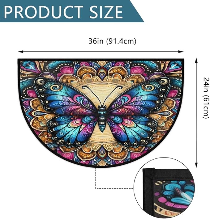 Pardick Half Round Doormat Butterfly Boho Colorful Semi Circle Rug Non Slip Indoor Outdoor Entrance Half Moon Rug Washable Front Floor Mat for Kitchen Bathroom Patio Fireplace Holiday Decor