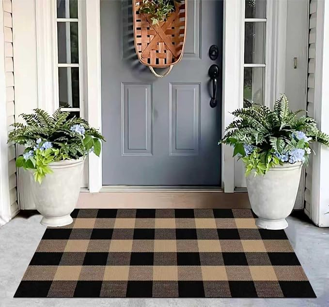 Tan and Black Door Mats Outdoor 27.5''X 43.3''Checkered Spring Front Porch Rug Cotton Washable Small Area Rug for Hello Welcome Layered Entryway Bedroom Living Room