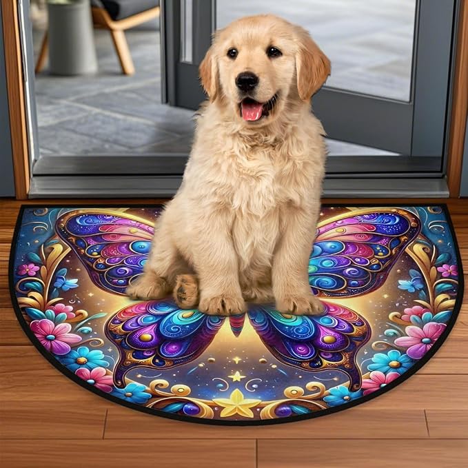 Butterfly Half Round Door Mat Non Slip Half Circle Rugs | Art Rainbow Washable Half Moon Rug Semi Circle Rugs Indoor Entrance Floor Carpet for Kithen Bedroom Fireplace Decor