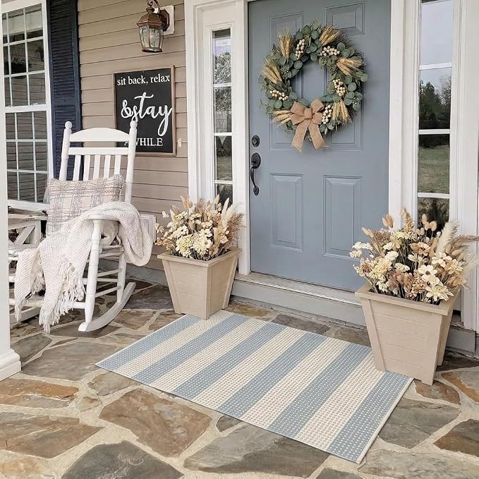 LEEVAN Door Mat Outdoor Entrance 2x3, Washable Striped Front Porch Rug, Blue and White Buffalo Welcome Mat, Spring Outside Entryway Rugs, Cotton Woven Indoor Outdoor Layered Doormats | Woven Front Porch Rug, Dusty Blue and White Welcome Door Mat, Sprin...