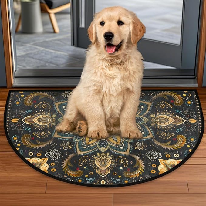 cfpolar Half Round Door Mat Ethnic Mandala Boho Flowe Non-Slip Semi Circle Area Rug Washable Half Moon Hearth Rugs for Indoor Outdoor Bathroom Kitchen Patio Runner Mat Laundry Room Home Decoration