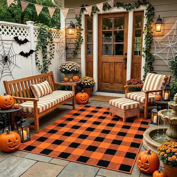 Buffalo Plaid Rug 4' x 6' Orange and Black Halloween Front Doomat Reversible Layered Porch Rug Washable Hand Woven Cotton Area Rug for Indoor Outdoor Living Dining Room Bedroom Kitchen Porch Decor