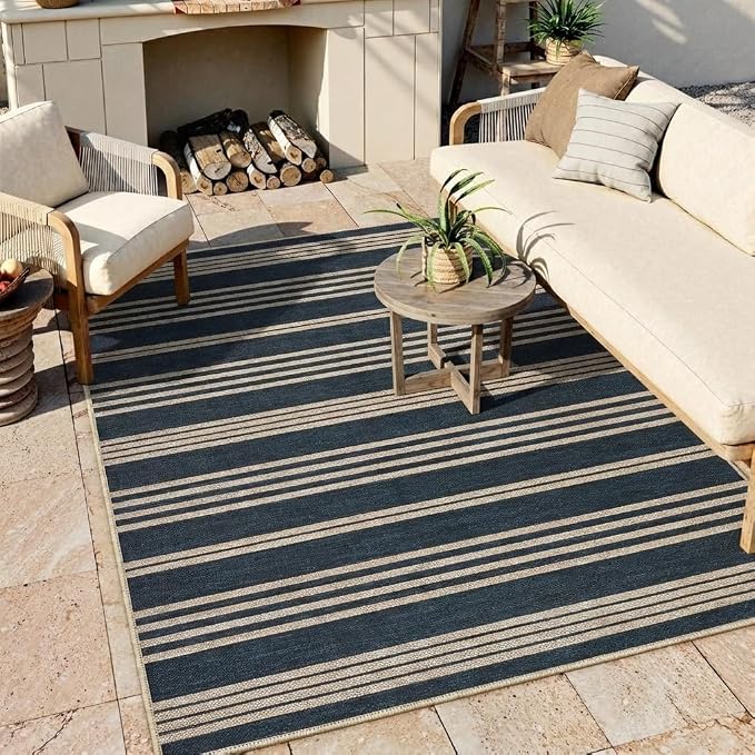 COZYLOOM 4x6 Indoor Outdoor Rugs Machine Washable Area Rugs for Living Room Non Slip Non Shedding Easy Jute Striped Rug Stain Resistant Low Pile Carpet for Bedroom, Nursery, RV, Patio, Navy Blue