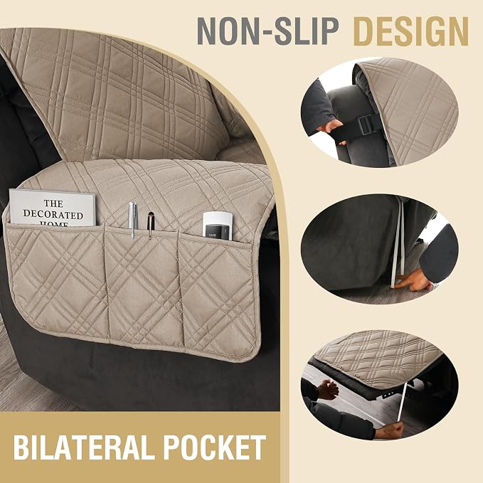 H.VERSAILTEX 100% Waterproof Cover for Recliner Chair 1-Piece Reversible Recliner Covers for Large Recliner with Elastic Straps Sitting Width Up to 28" (Oversized Recliner, Taupe/Beige)