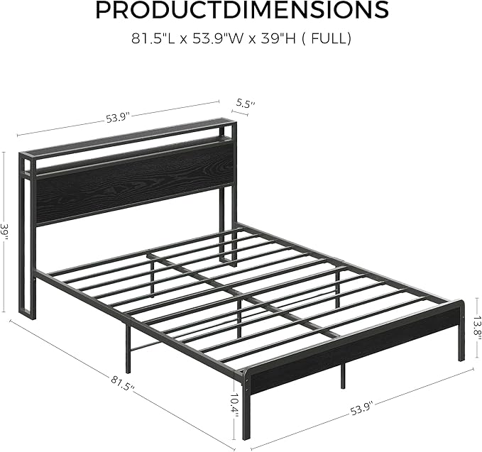 LIKIMIO Full Size Bed Frame with 2-Tier Storage Shelf Headboard | Dark Wood Platform Bed, Camas Full with Strong Metal Supports, Sturdy, Noise-Free, No Box Spring Needed, Black