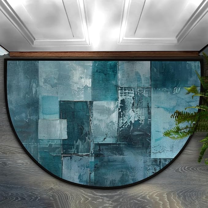 Pardick Half Round Door Mat Turquoise Grey Abstract Anti-Slip Semi Circle Rug 24X36 Indoor Door Mat Half Moon Bath Mat, Washable Decorative Floor Mat for Kitchen Bathroom Hearth Fireplace