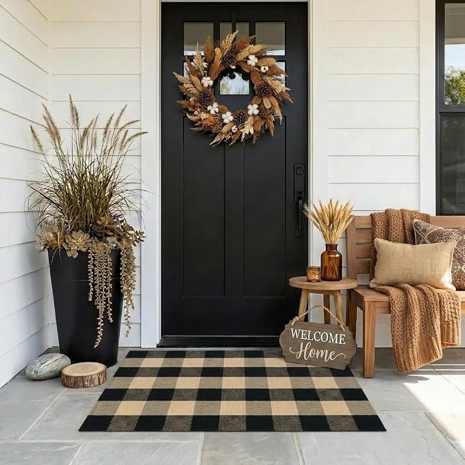 Buffalo Plaid Rug 2'4''x 3'7'' Brown and Black Front Door Mat Reversible Layered Porch Rug Washable Hand Woven Cotton Area Rug for Indoor Outdoor Entryway Patio Porch Decor