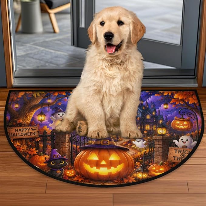 Halloween Half Round Door Mat Welcome Entrance Mat Bath Bathroom Rug A1 | Halloween Ghost Pumpkin Welcome Entrance Mat Anti-Slip Half Moon Bath Mat Semi Circle Rug Indoor Outdoor Kitchen Rug