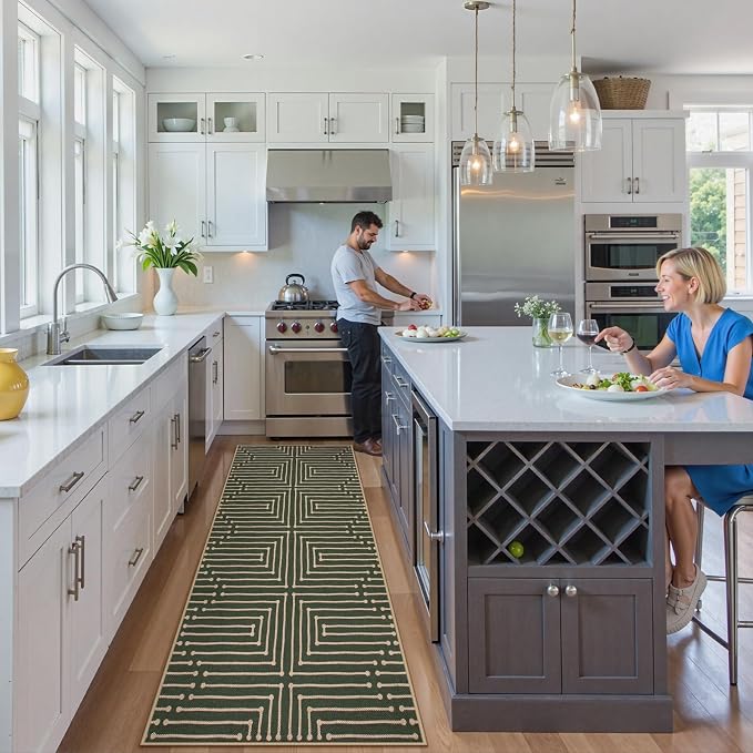 Lahome Maze Line Green Kitchen Runner Rug, 2x8 Outdoor Easy Jute Runner Rug | Nature Non Slip Indoor Outdoor Front Door Carpet for Hallway Entry Laundry