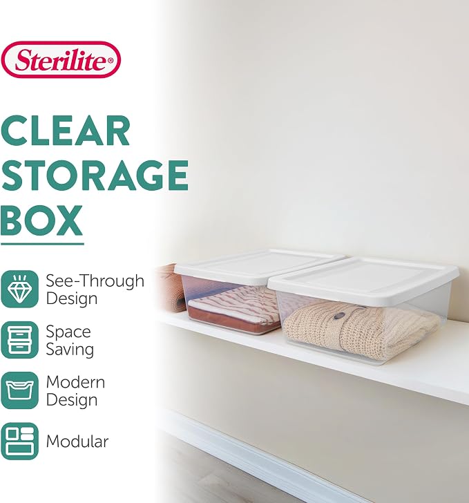 Sterilite Storage Box Stackable Tote, White, 12 Quart, 24 Pack | Clear Plastic Container with Secure Snapping Lids for Home and Office Organization